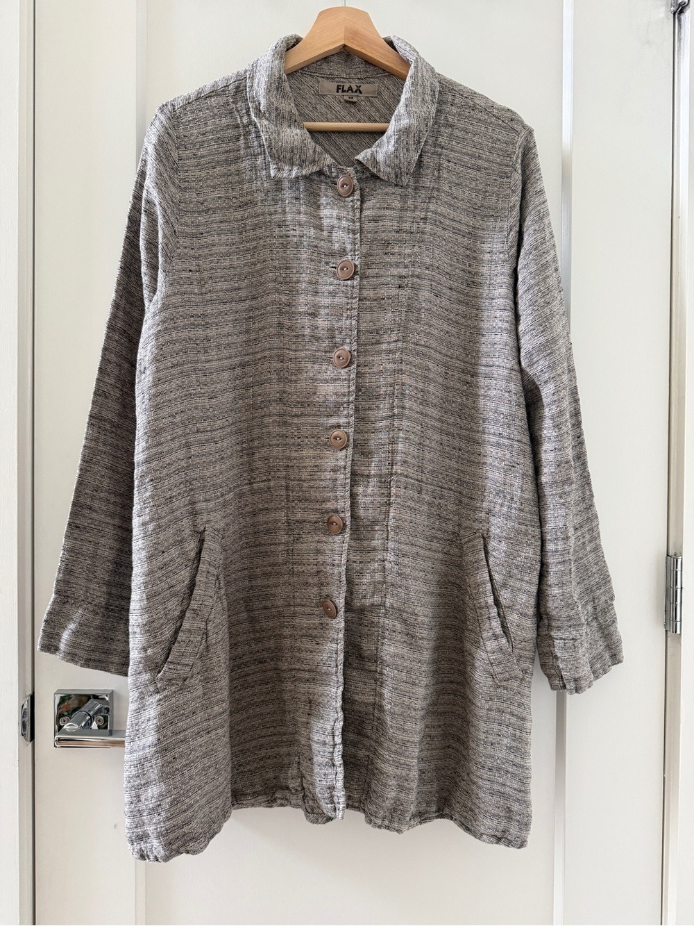 FLAX 100% LINEN BUTTON DOWN LONG LINE JACKET SIZE SMALL LAGENLOOK SIZE M